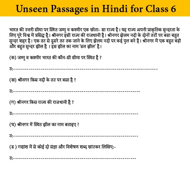 Unseen Passages in Hindi for Class 6